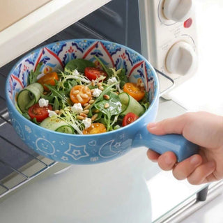 Ethnic Blue Round Ceramic Serving Platter with Handle Microwave & Dishwasher Safe