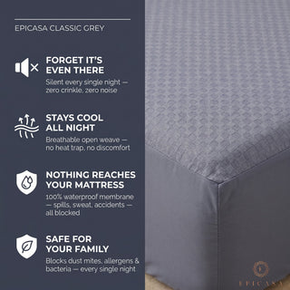 Epicasa 100% Waterproof Mattress Protector |250 GSM Premium Jacquard Weave | Noiseless & Breathable Fitted Bed Protector | Hypoallergenic | Blocks Dust Mites & Allergens | 360° Elasticated fit | Machine Washable | Made in India | Classic Grey