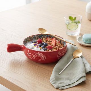 Ethnic Red Round Ceramic Serving Platter with Handle Microwave & Dishwasher Safe