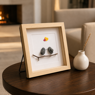 Two Hearts, One Perch – Handcrafted Natural Pebble Art Frame