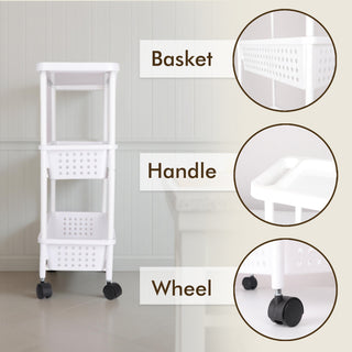3-Tier Plastic Slim Storage Trolley, White
