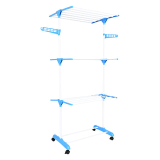 Clothes Drying Stand Stainless Steel 3 Tier 21 Drying Poles & 14 Hooks – Blue