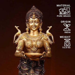 Lord laxmi Standing with Deep Made of Pure Brass - 10 x 9.5 x 30 Inch, 15.8 Kg