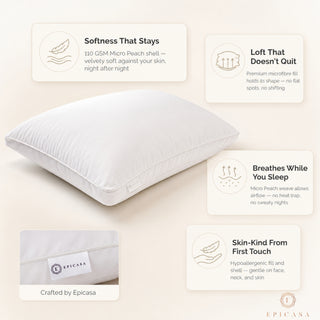 Epicasa Microfibre Fill Pillow | 110 GSM Micro Peach Shell | Velvety Soft, Loft That Lasts | Hypoallergenic | Machine Washable