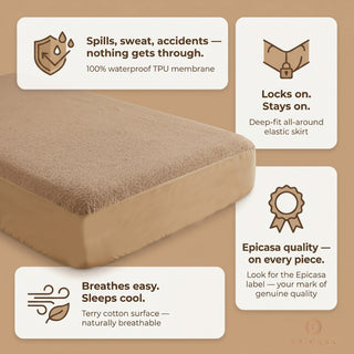 Epicasa Terry Mattress Protector Waterproof | 100% Waterproof TPU Membrane | Soft Breathable Terry Cotton Surface | Deep-Fit All-Around Elastic | Noiseless | Machine Washable | Beige