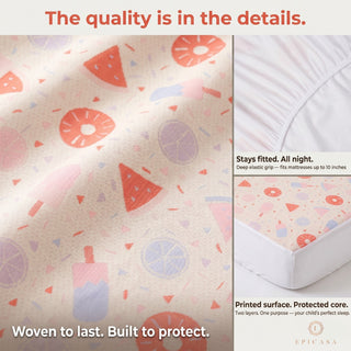 Epicasa Kids Waterproof Mattress Protector | 100% Waterproof | Breathable & Hypoallergenic | Soft Fitted Bed Cover with Deep Elastic Skirt | Exclusive Summer Print