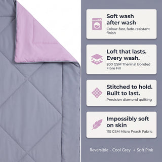 Epicasa Reversible Comforter | 200 GSM Thermal Bonded Fill | 110 GSM Micro Peach Fabric | All Season AC Quilt | Diamond Quilted | Lightweight Duvet Blanket for Home Bedroom |