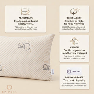 Epicasa Adjustable Organic Cotton Pillow | 250 GSM Shell | Customisable Fill for Perfect Height & Firmness | Breathable & Skin-Soft | Fine Denier Fibre Fill | 100g Free Fibre Included