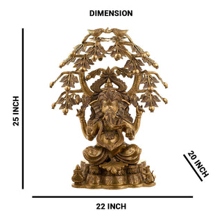 Lord Ganesha sitting under tree and peacocks Idol made of Pure Brass - 22 x 20 x 25 Inch, 28.3 Kg