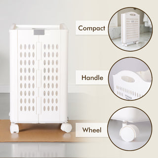 Foldable Plastic Laundry Basket With Wheels - White