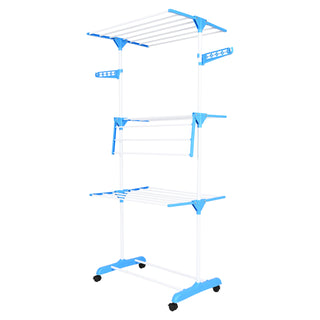 Clothes Drying Stand Stainless Steel 3 Tier 21 Drying Poles & 14 Hooks – Blue