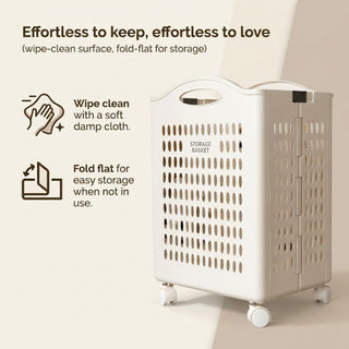 Foldable Plastic Laundry Basket With Wheels - White