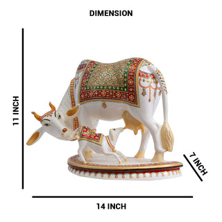 Lord Kamdhenu Standing with Calf Made of Soft marble - 14 x 7 x 11 Inch, 7 Kg