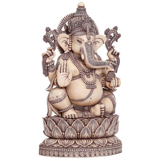 Lord Ganesha sitting on Lotus Idol Ivory made of Soft stone - 9 x 4.5 x 15 Inch, 4.4 Kg
