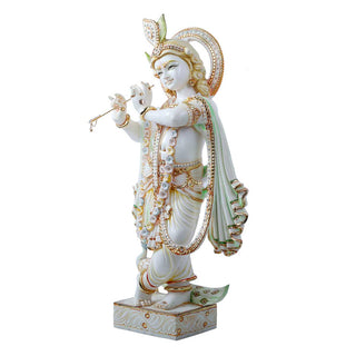Krishna Playing Bansuri Standing Statue Made of Soft Marble - 15 x 6 x 27 Inch, 15.5 Kg