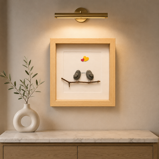 Two Hearts, One Perch – Handcrafted Natural Pebble Art Frame