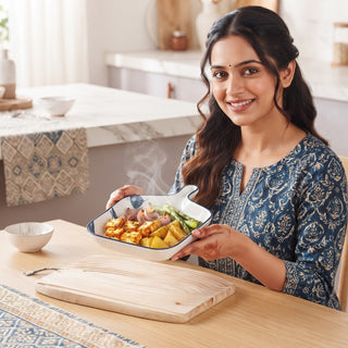 Meadow White Ceramic Serving Platter with Handle Microwave & Dishwasher Safe