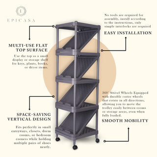 5-Tier Shoe Rack Organizer With Wheels 9-Pair Capacity - Purple