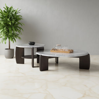 ESPINHO Set of 2 Round Coffee Table With Marble Top Wooden base.