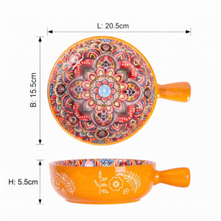 Ethnic Orange Round Ceramic Serving Platter with Handle Microwave & Dishwasher Safe