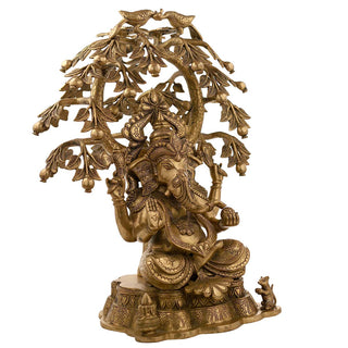 Lord Ganesha sitting under tree and peacocks Idol made of Pure Brass - 22 x 20 x 25 Inch, 28.3 Kg