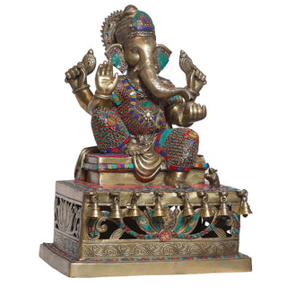 Lord Ganesha color stone sitting on bell stagec Idol made of Pure Brass - 15 x 10 x 21 Inch, 24 Kg