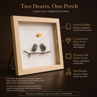 Two Hearts, One Perch – Handcrafted Natural Pebble Art Frame