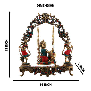 Lord Krishna Sitting on Swing Statue Made of Pure Brass - 16 x 5 x 18 Inch, 7 Kg