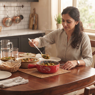 Ethnic Red Round Ceramic Serving Platter with Handle Microwave & Dishwasher Safe