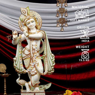 Krishna Playing Bansuri Standing Statue Made of Soft Marble - 15 x 6 x 27 Inch, 15.5 Kg