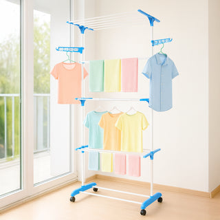 Clothes Drying Stand Stainless Steel 3 Tier 21 Drying Poles & 14 Hooks – Blue