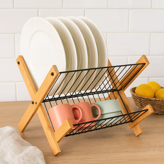 Foldable Dish Drying Rack Wooden Frame 2 Tier