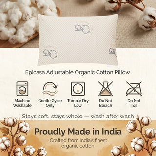 Epicasa Adjustable Organic Cotton Pillow | 250 GSM Shell | Customisable Fill for Perfect Height & Firmness | Breathable & Skin-Soft | Fine Denier Fibre Fill | 100g Free Fibre Included