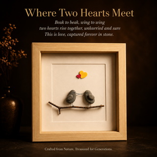 Two Hearts, One Perch – Handcrafted Natural Pebble Art Frame