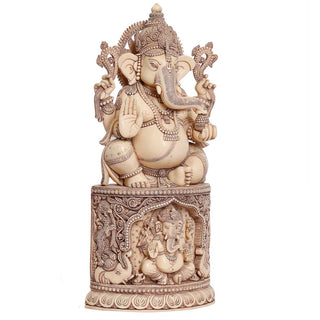 Lord Ganesha sitting on ganesha pedestal Idol Ivory made of Soft stone - 9 x 5 x 18 Inch, 5.8 Kg