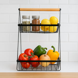 Fruit & Vegetable Basket Metal & Wood 2 Tier – Black