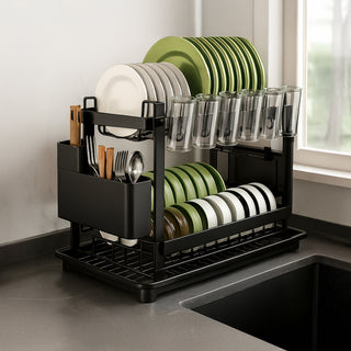 Dish Drying Rack With Cutlery Holder & Tray Metal 2 Tier – Black