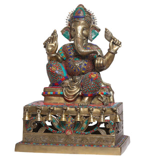 Lord Ganesha color stone sitting on bell stagec Idol made of Pure Brass - 15 x 10 x 21 Inch, 24 Kg