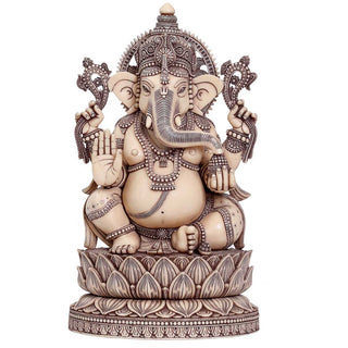 Lord Ganesha sitting on Lotus Idol Ivory made of Soft stone - 9 x 4.5 x 15 Inch, 4.4 Kg