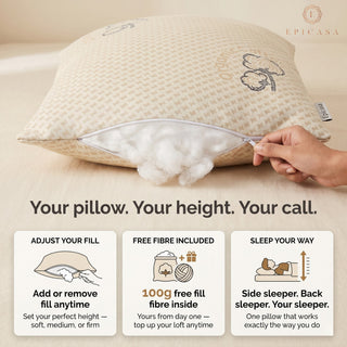 Epicasa Adjustable Organic Cotton Pillow | 250 GSM Shell | Customisable Fill for Perfect Height & Firmness | Breathable & Skin-Soft | Fine Denier Fibre Fill | 100g Free Fibre Included