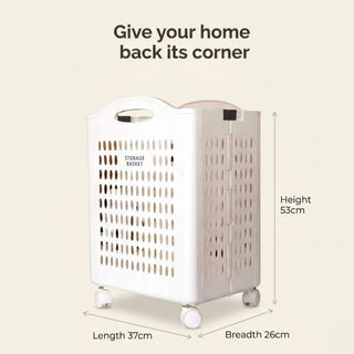 Foldable Plastic Laundry Basket With Wheels - White
