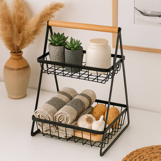 Fruit & Vegetable Basket Metal & Wood 2 Tier – Black