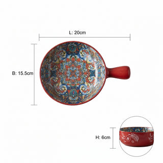 Ethnic Red Round Ceramic Serving Platter with Handle Microwave & Dishwasher Safe