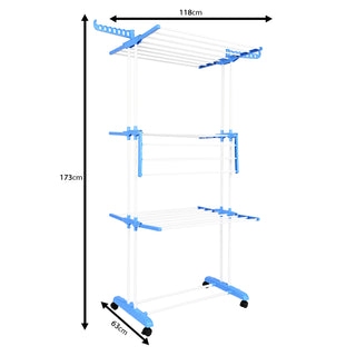 Clothes Drying Stand Stainless Steel 4 Tier 24 Poles & 14 Hooks – Blue