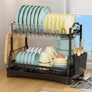 Dish Drying Rack With Cutlery Holder & Tray Metal 2 Tier – Black