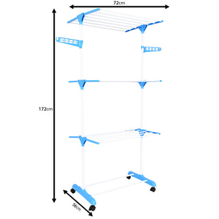 Clothes Drying Stand Stainless Steel 3 Tier 21 Drying Poles & 14 Hooks – Blue