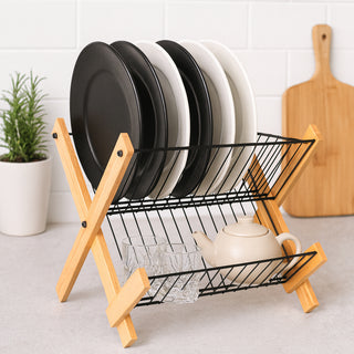 Foldable Dish Drying Rack Wooden Frame 2 Tier