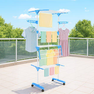 Clothes Drying Stand Stainless Steel 4 Tier 24 Poles & 14 Hooks – Blue