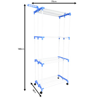 Clothes Drying Stand Stainless Steel 4 Tier 28 Drying Poles & 14 Hooks – Blue