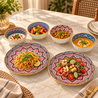 Ceramic Plates & Bowl Set Glossy Mandala Microwave & Dishwasher Safe